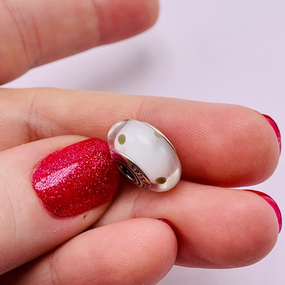 EUC Pandora 790602 Sterling Silver Gray on White Murano Glass Polka Dot Bead - Picture 7 of 10